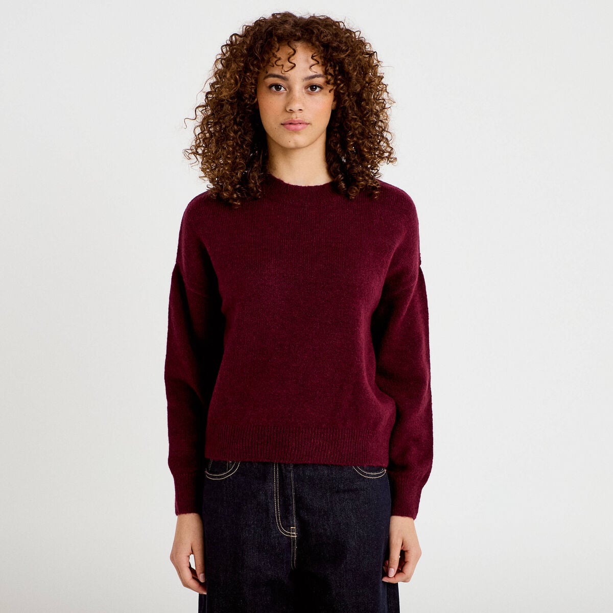 Pull col rond manches longues bordeaux femme