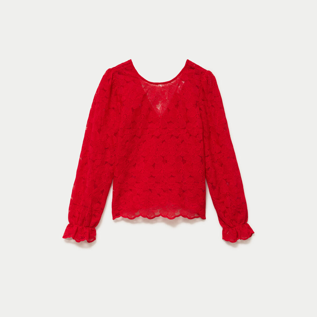 Blouse droite col v en dentelle rouge femme