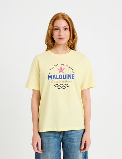 T-shirt col rond manches courtes jaune pastel femme