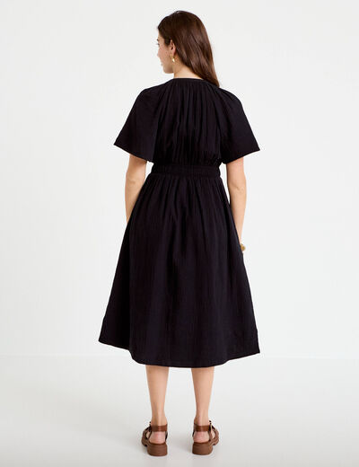 Robe midi pliss&eacute;e col v manches courtes noir femme