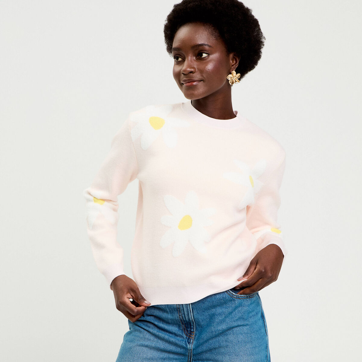 Pull motif fleurs rose clair femme