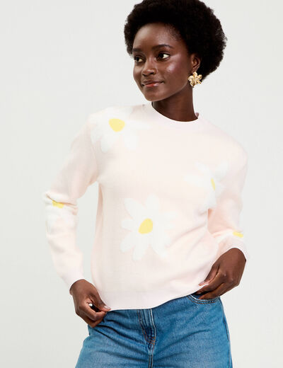 Pull motif fleurs rose clair femme