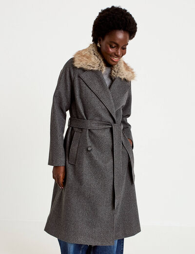Manteau droit mi-long &agrave; manches longues gris femme
