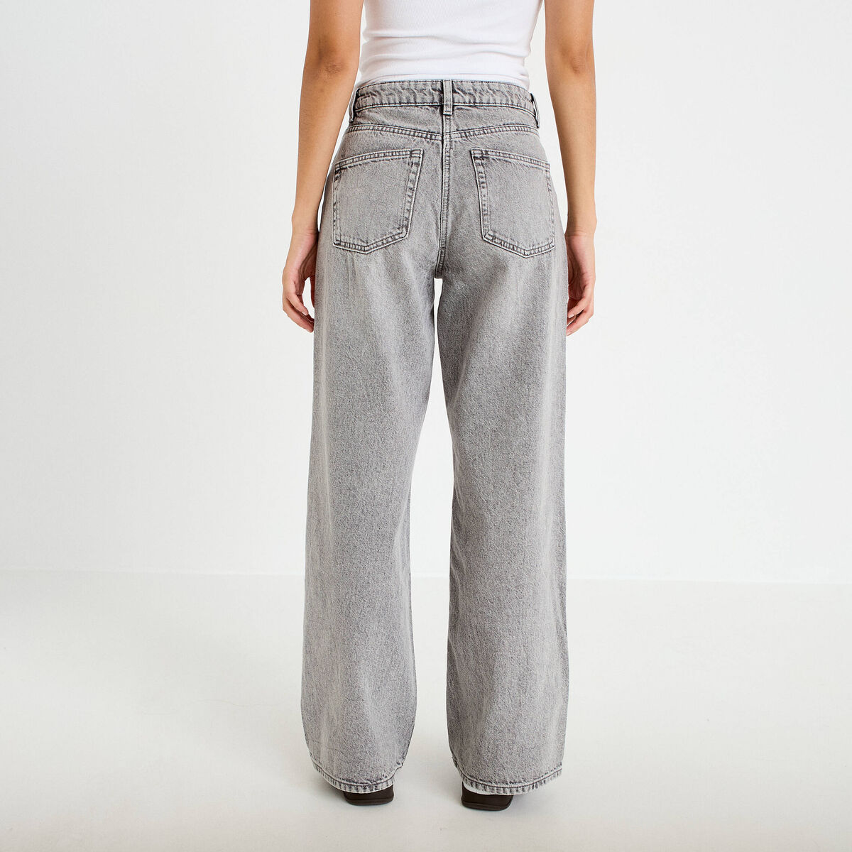 Jeans wide leg taille haute denim gris femme