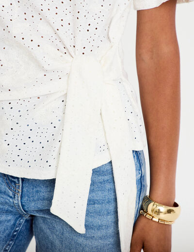 Blouse col v manches courtes ecru femme