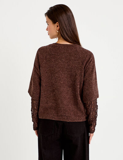 Top bi-mati&egrave;re dentelle col rond marron fonc&eacute; femme