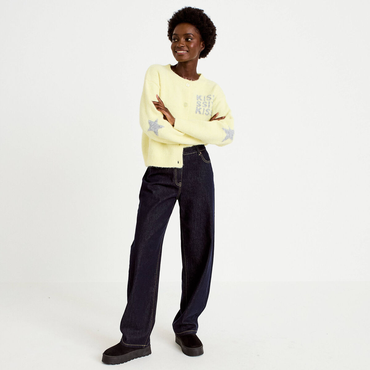Gilet ample col rond manches longues jaune clair femme