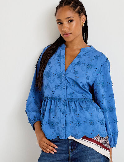 Blouse &agrave; motif en relief bleu fonc&eacute; femme