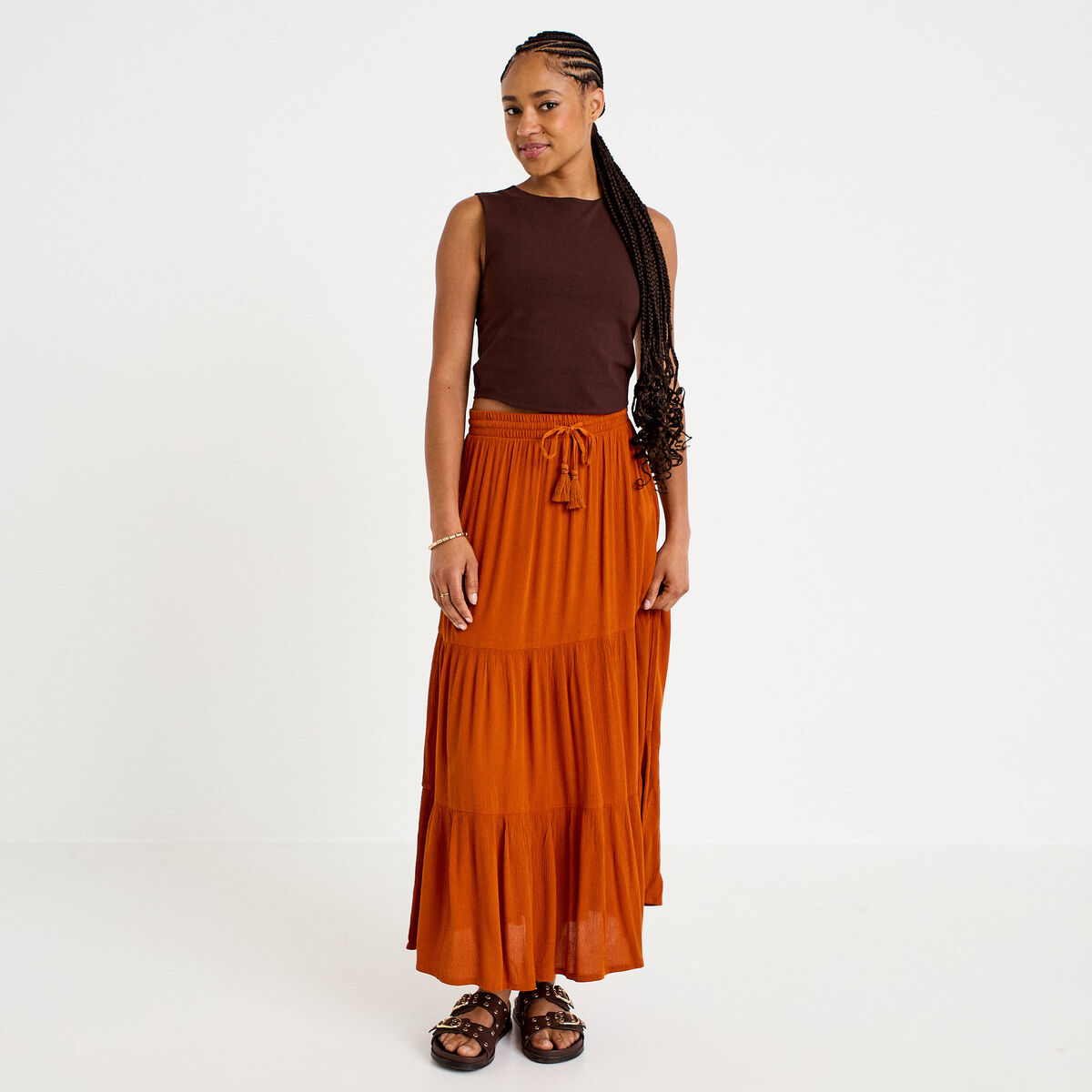 Jupe longue pliss&eacute;e &eacute;vas&eacute;e orange fonc&eacute; femme
