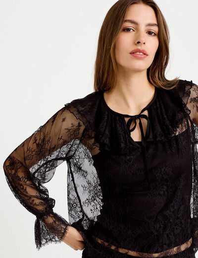 Blouse manches longues en dentelle noir femme