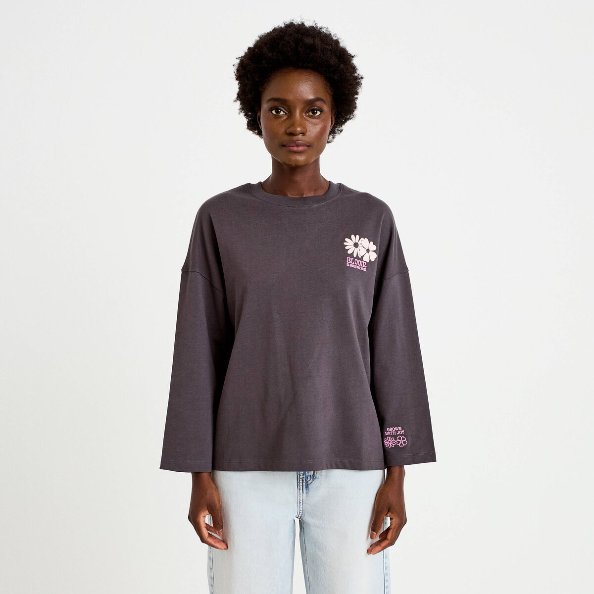 Sweat oversize col rond manches longues gris fonc&eacute; femme