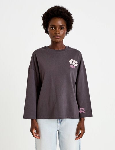 Sweat oversize col rond manches longues gris fonc&eacute; femme