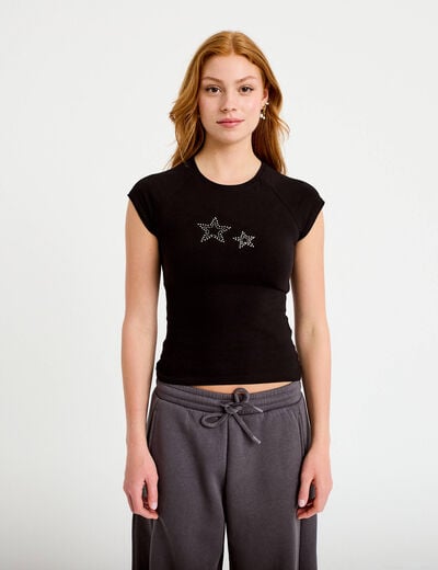 T-shirt ajust&eacute; court col rond noir femme