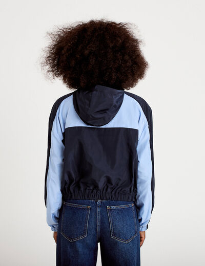 Veste cropped &agrave; capuche manches longues bleu marine femme