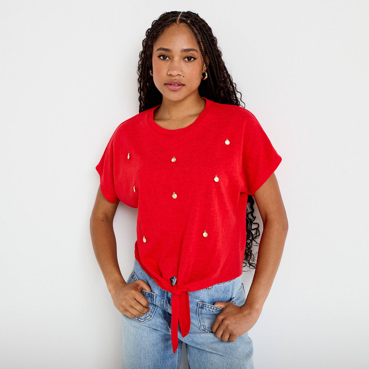 T-shirt col rond manches courtes noeuds rouge femme