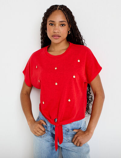 T-shirt col rond manches courtes noeuds rouge femme