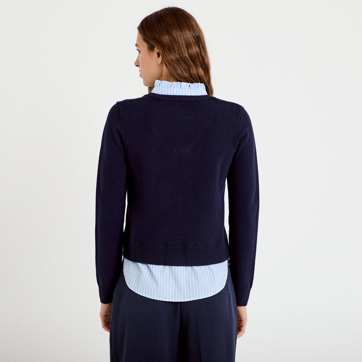 Pantalon large taille haute bleu marine femme