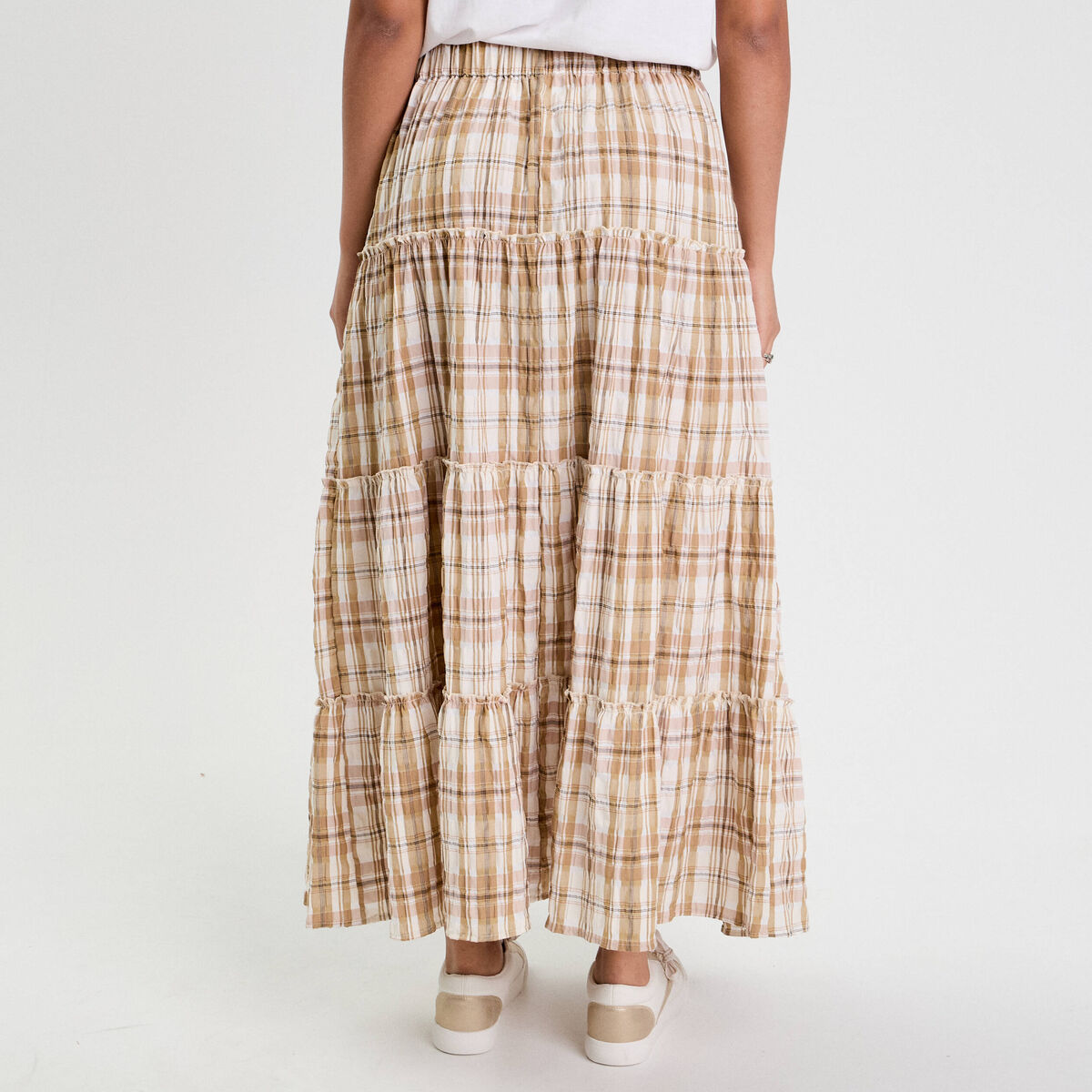 Jupe longue &eacute;vas&eacute;e volants camel femme