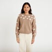 Pull oversize brod&eacute; manches longues beige femme