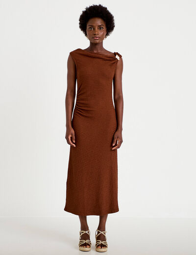 Robe midi droite sans manches en maille marron femme