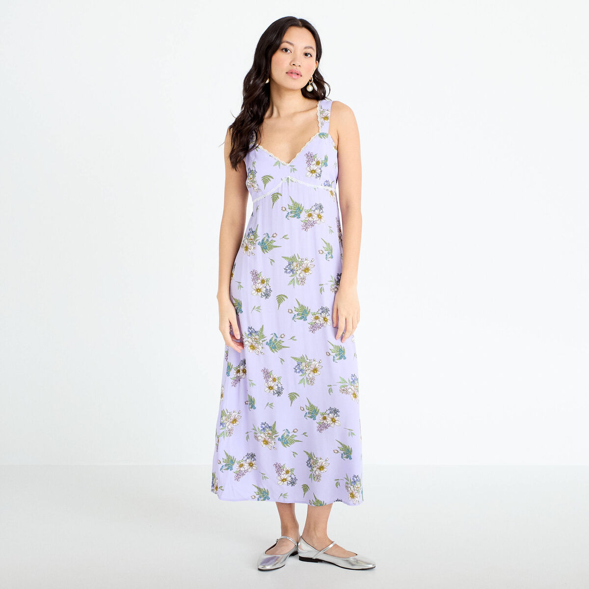 Robe longue &eacute;vas&eacute;e col coeur Bridgerton violet clair femme