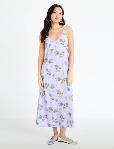 Robe longue &eacute;vas&eacute;e col coeur Bridgerton violet clair femme