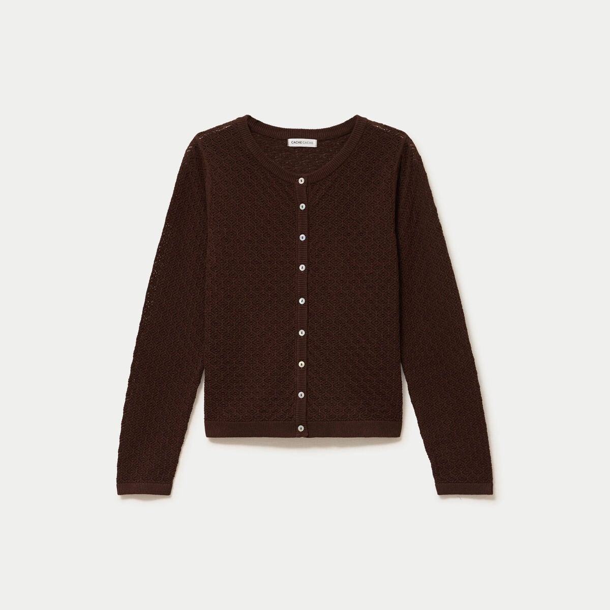 Gilet ajour&eacute; manches longues dentelle marron fonc&eacute; femme