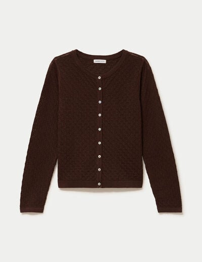 Gilet ajour&eacute; manches longues dentelle marron fonc&eacute; femme