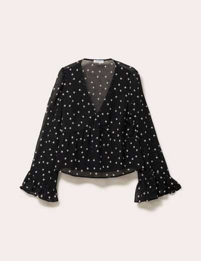 Blouse brod&eacute;e volant&eacute;e noir femme