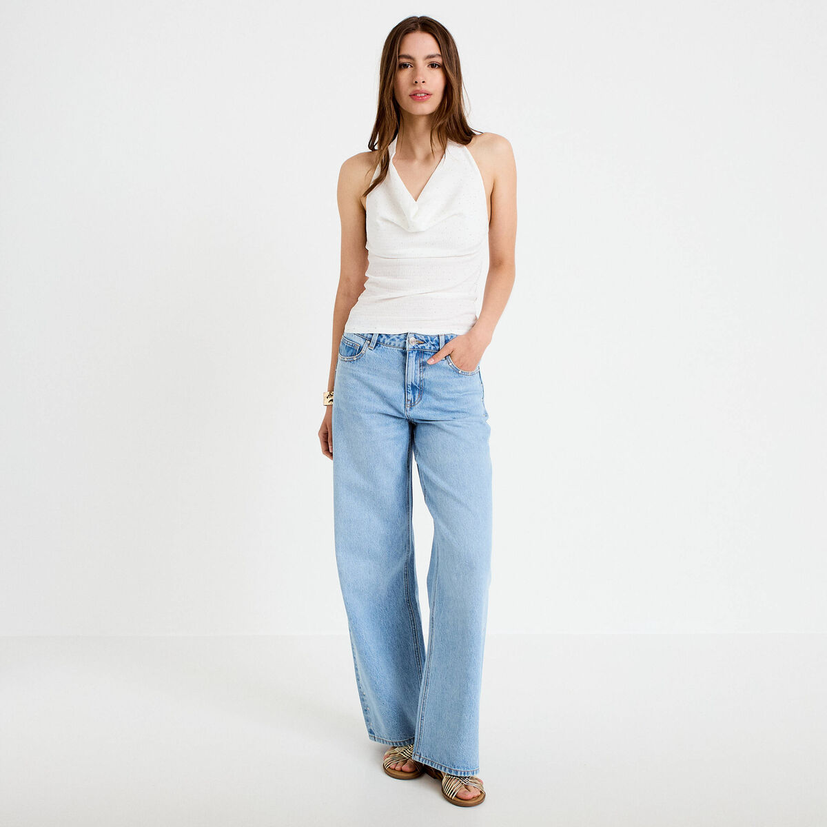 Top ajust&eacute; sans manches col b&eacute;nitier ecru femme