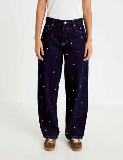 Jean barrel avec broderie bleu marine femme