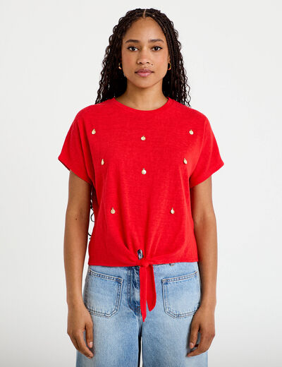 T-shirt col rond manches courtes noeuds rouge femme