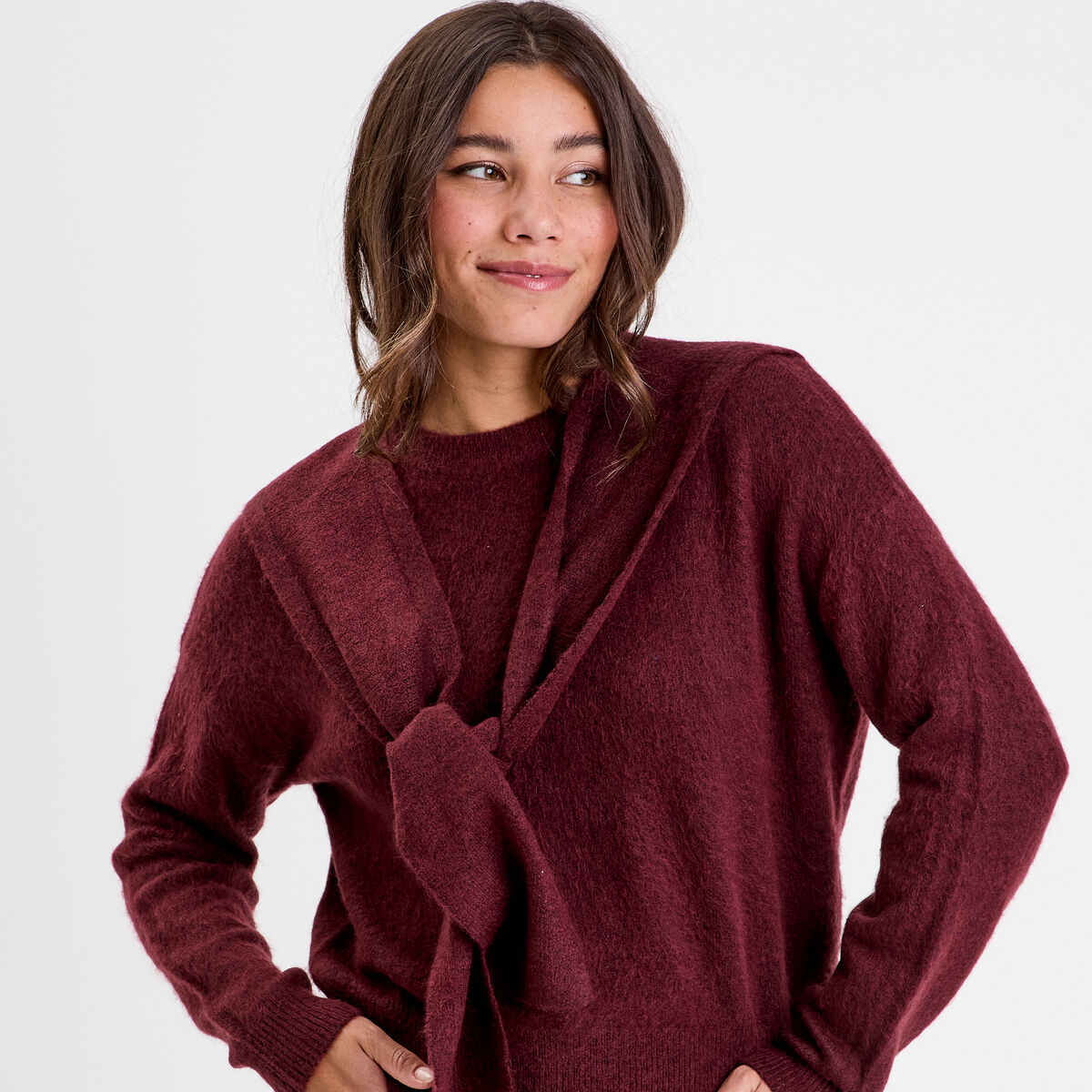 Pull &agrave; capuche manches longues violet fonc&eacute; femme