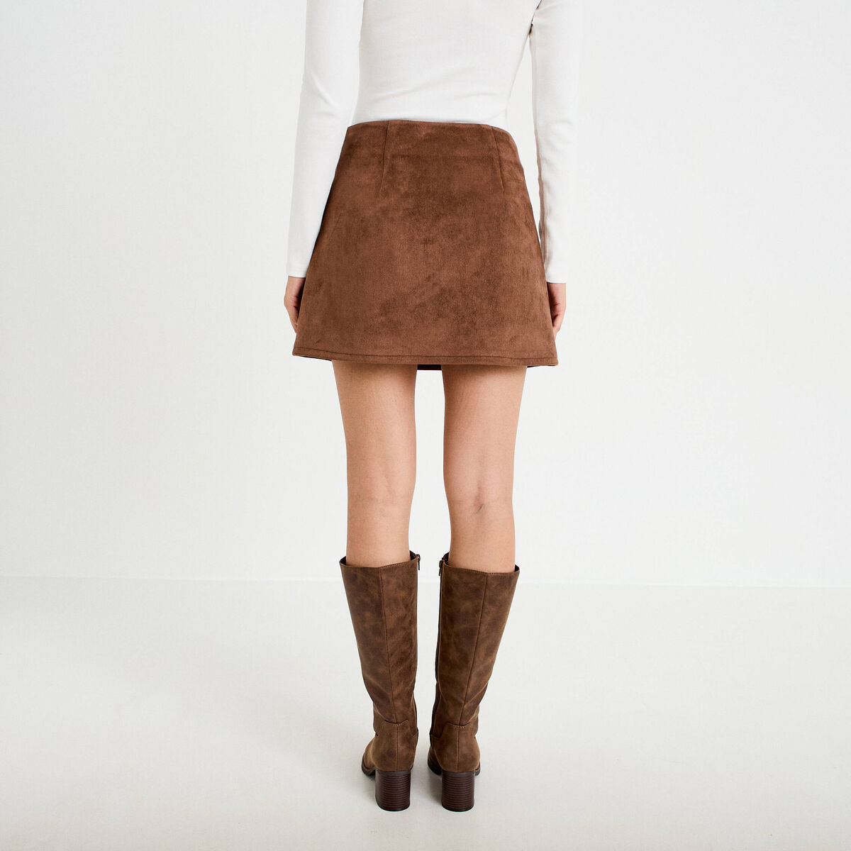Jupe-short trap&egrave;ze taille haute daim marron femme