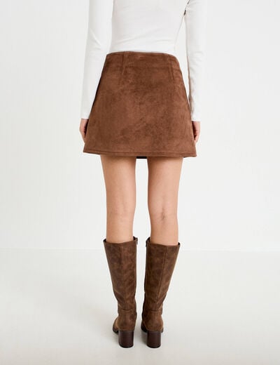 Jupe-short trap&egrave;ze taille haute daim marron femme