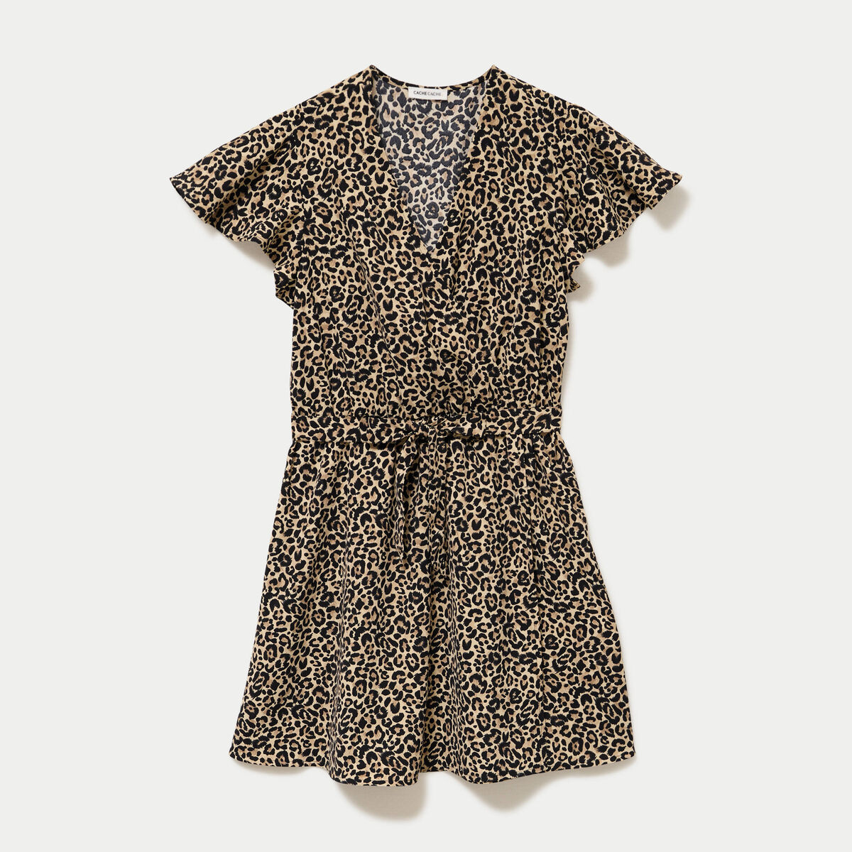 Robe courte &eacute;vas&eacute;e col v manches courtes beige femme