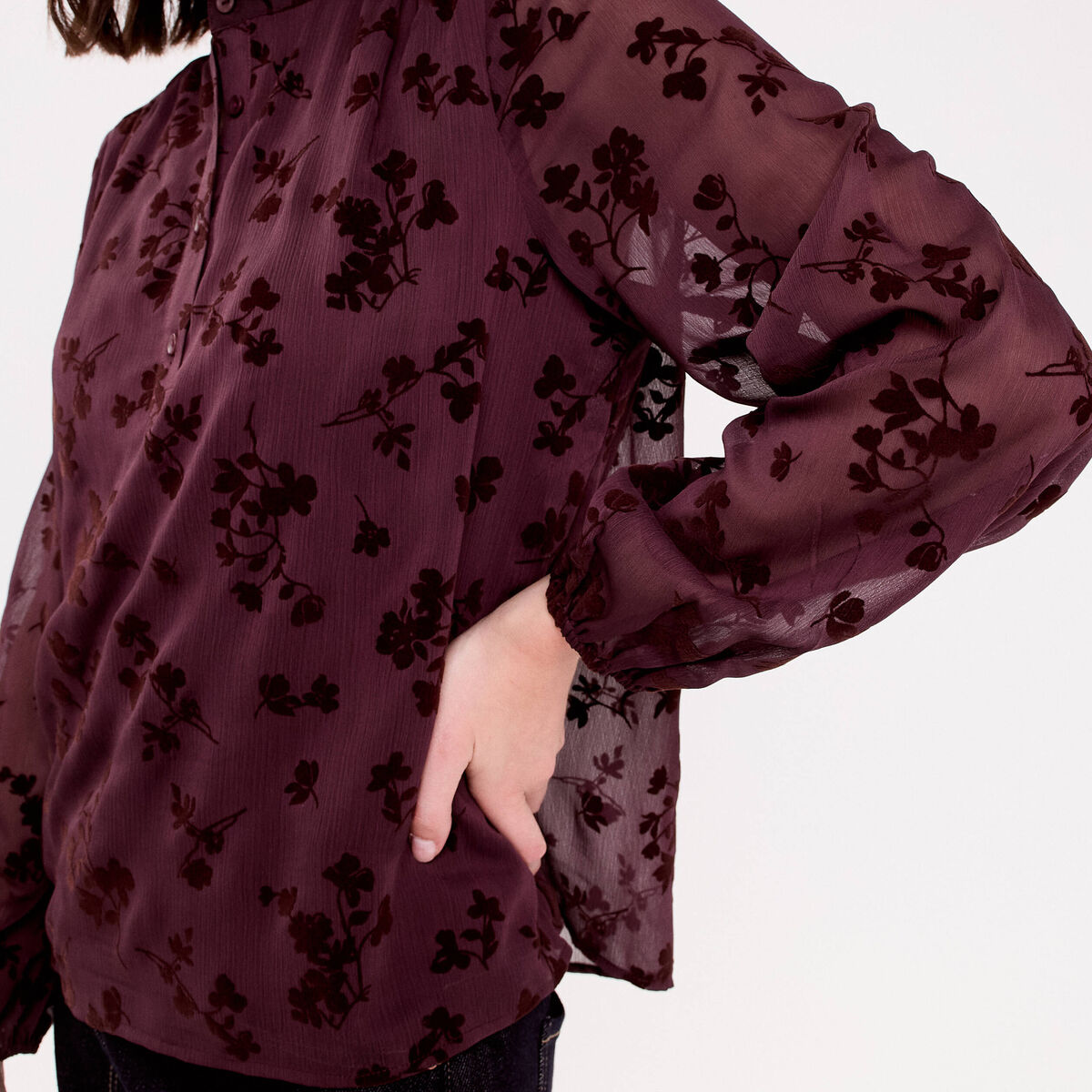 Blouse fluide manches longues marron cognac femme