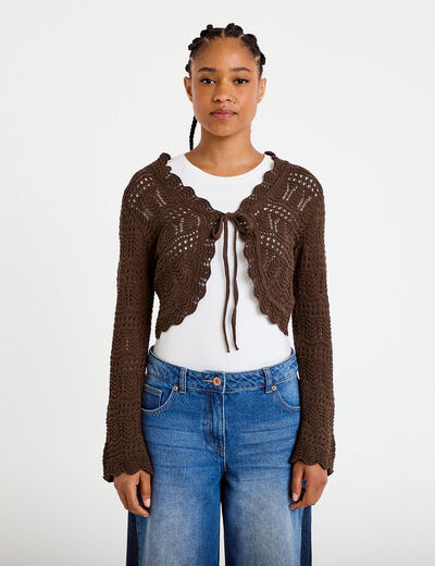 Gilet ajour&eacute; nou&eacute; marron fonc&eacute; femme
