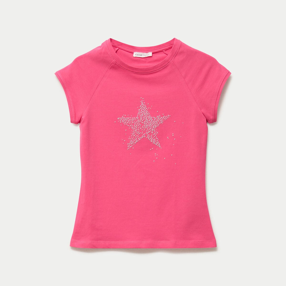 T-shirt ajust&eacute; court col rond rose fushia femme