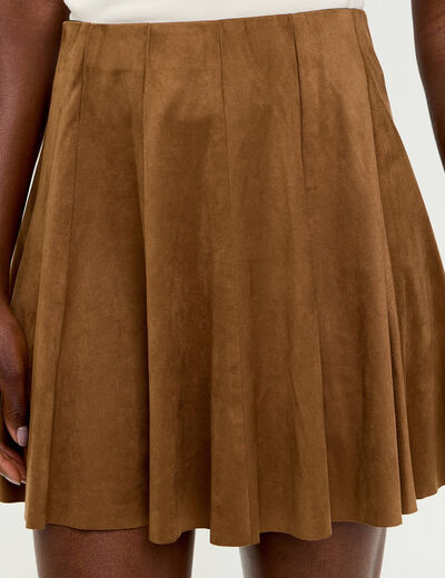 Jupe courte &eacute;vas&eacute;e aspect daim marron fonc&eacute; femme