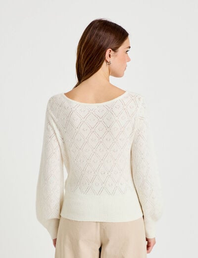 Pull ajour&eacute; col bateau manches longues ecru femme