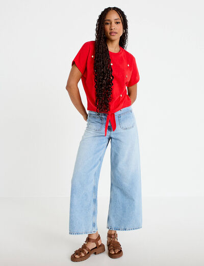 T-shirt col rond manches courtes noeuds rouge femme