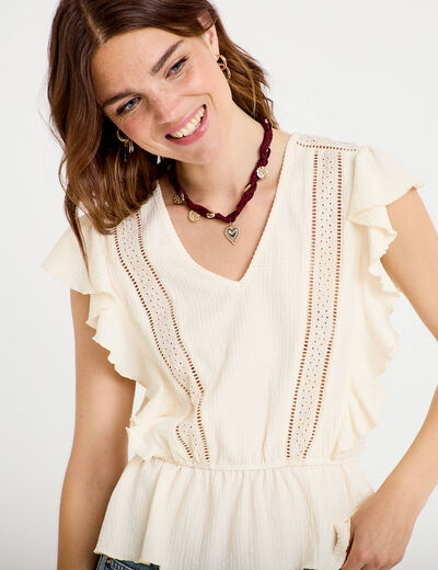 Blouse &agrave; volants ecru femme
