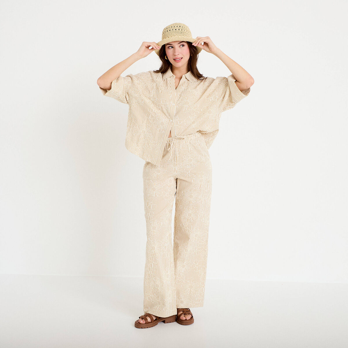 Blouse boyfriend manches 3/4 beige moyen femme