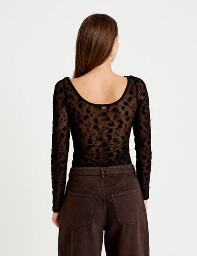 Body cintr&eacute; manches longues col bateau noir femme