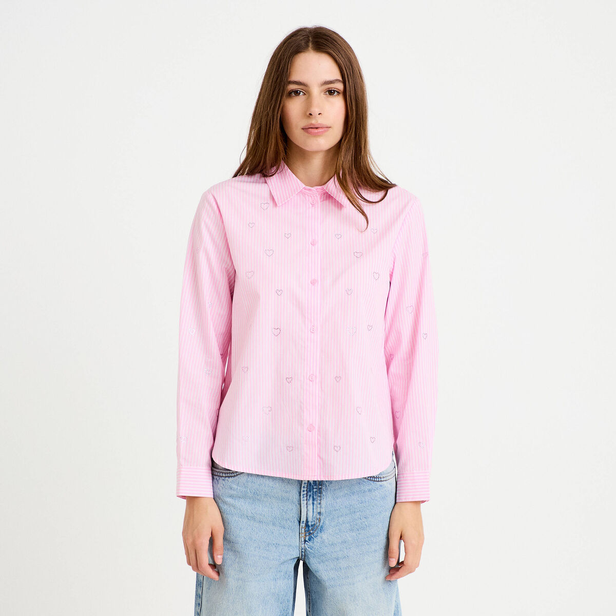 Chemise droite col am&eacute;ricain strass rose femme