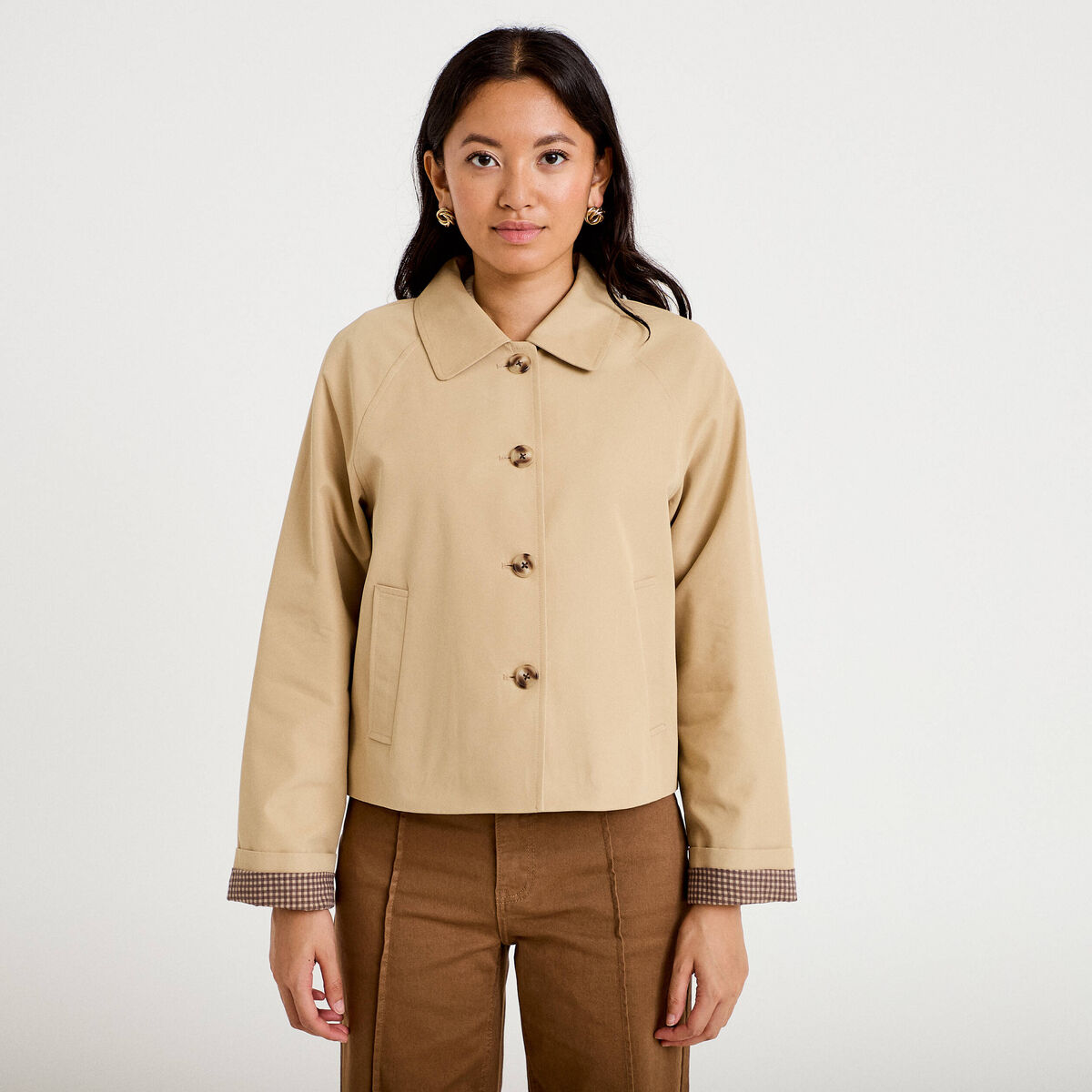 Veste courte boutonn&eacute;e doublure vichy beige femme
