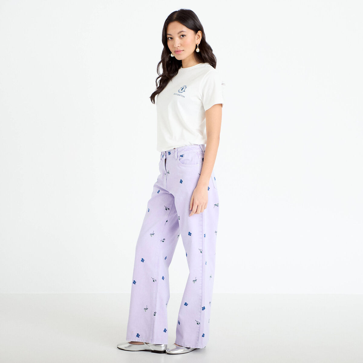 Jean wide leg brod&eacute; Bridgerton mauve femme
