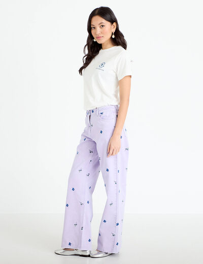 Jean wide leg brod&eacute; Bridgerton mauve femme