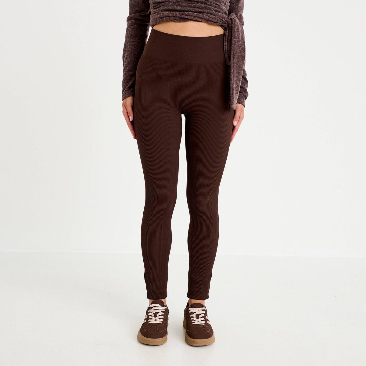Leggings taille haute sans couture marron fonc&eacute; femme